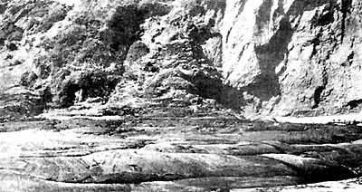 Photo of cliff-side oil seep; see caption left.