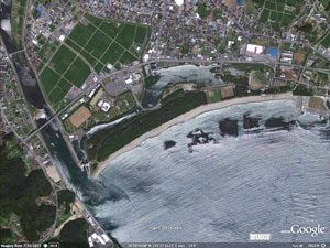 Satellite imagery of Rikuzentakata in 2010; courtesy of USGS and Google.