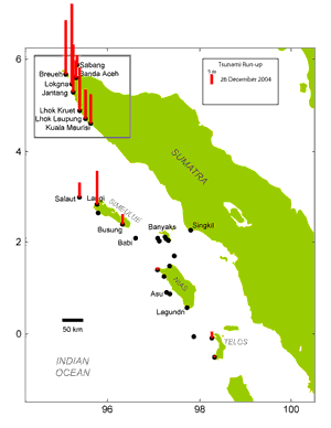 Map of Sumatra showing tsunami run-up for 26 December 2004 tsunami.