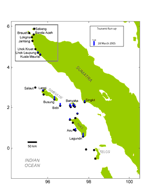 Map of Sumatra showing tsunami run-up for 28 March 2005 tsunami.