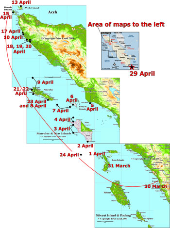 Map copyright Peter Loud 2004, used with permission; map of western Sumatra showing approximate locations of survey team each day during trip.