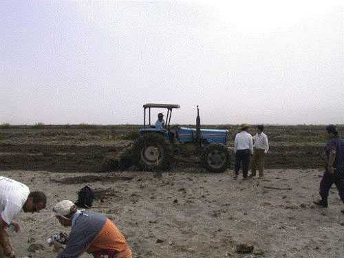 Tractor plows around survey workers in field.