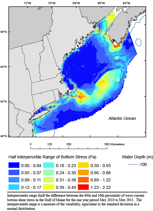 Image displaying coverage area of bottom shear stress and the half interpercentile range (half of the difference between the 16th and 84th percentiles) for a 1-year period for the Gulf of Maine south into the Middle Atlantic Bight