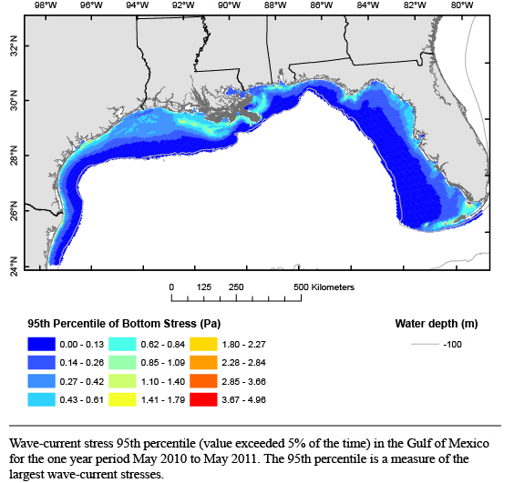 Image displaying coverage area of bottom shear stress and value exceeded 95% of the time for a 1-year period for the Gulf of Mexico.