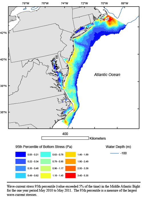 Image displaying coverage area of bottom shear stress and value exceeded 95% of the time for a 1-year period for the Middle Atlantic Bight.