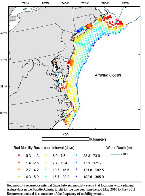 Image displaying estimated recurrence interval of sediment mobility at select points in the Middle Atlantic Bight.