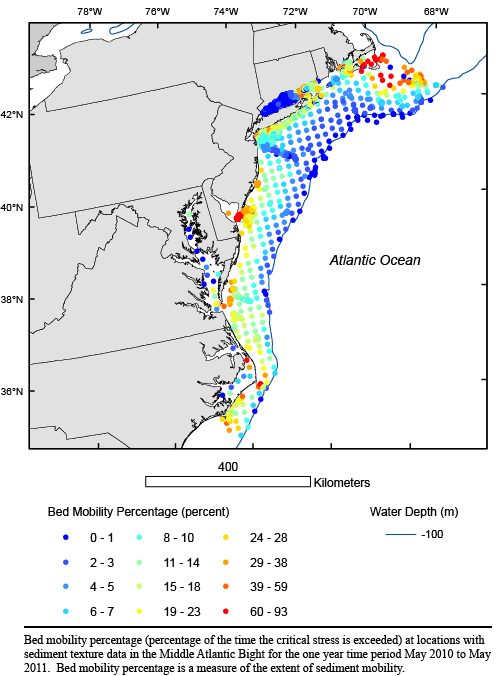 Image displaying estimated percentage of time sediment is mobile at select points in the Middle Atlantic Bight.