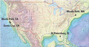 Map showing the locations of Coastal and Marine Geology Program Centers