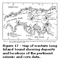 Figure 17 - Map of western Long Island Sound showing deposits and locations of the pertinent seismic and core data.  Larger image will open in new browser window.