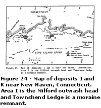 Figure 24 - Map of deposits I and K near New Haven, Connecticut.  Area I is the Milford outwash head and Townshend Ledge is a morain remnant.  Larger image will open in new browser window.