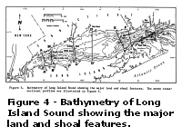 Figure 4 - Bathymetry of Long Island Sound showing the major land and shoal features.  The seven cross-sectional profiles are illustrated in Figure 5.  Larger image will open in new browser window.