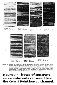 Figure 7 - Photos of apparent varve sediments retrieved in the Orient Point buried channel.  These suggest a major glacial lake occupied the Long Island and Block Island Sound during Pleistocene time. Larger image will open in new browser window.