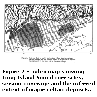 Figure 2: Map illustration of index map showing core sites, seismic coverage and the inferred extent of major deltaic deposits. Larger image will open in new browser window.