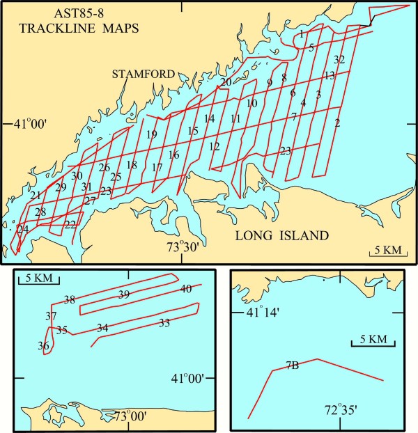 Map illustration: Trackline map of R/V ASTERIAS 85-8 tracklines in Western Long Island Sound and easternmost Long Island Sound.  Seismic line numbers linked to seismic preview images.