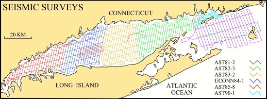 Illustration: Location and coverage of various seismic surveys in Long Island Sound.  Larger image will open in new browser window.