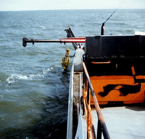 Vibracorer in vertical position, ready to be lowered to sea floor.