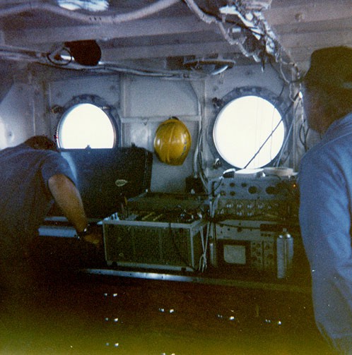 Equipment setup during cruise UCONN 84-1. (EPC graphic recorder (left); HP 8-track tape deck (center); Datasonics signal processor (right top); and oscilloscope (right bottom).