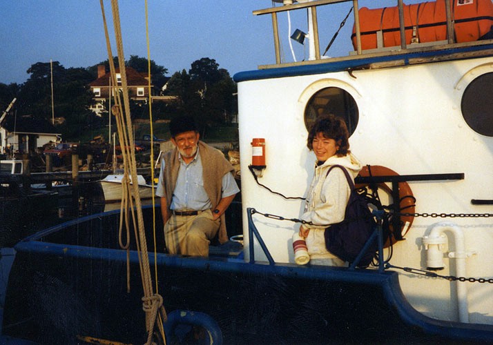 Bob Oldale and Janet Radway Stone (both from USGS) on the deck of the RV UCONN at 06:45 hrs.  Janet is raring to board the RV ASTERIAS for day two of Cruise AST 90-1 (see picture E5 for the rest of the story).