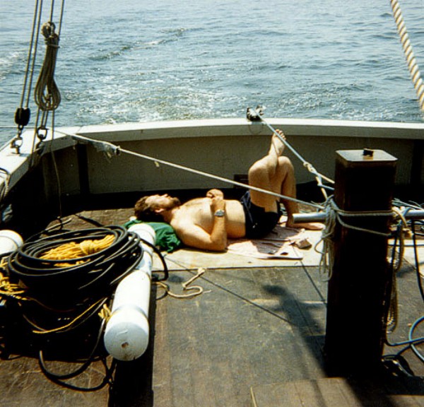 Ken Parolski (marine seismic specialist, USGS) keeps a sharp eye on the weather aboard the RV ASTERIAS.