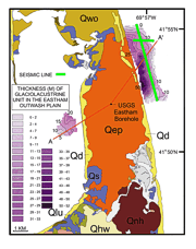 Figure 20: Map showing the distribution and thickness of fine-grained glaciolacustrine deposits of the Eastham outwash plain.