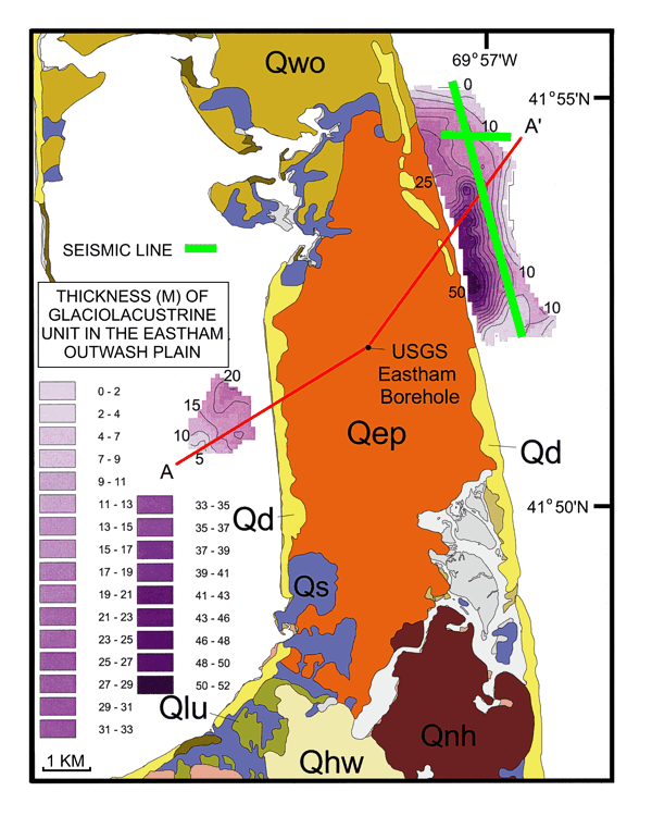 Figure 20: Map showing the distribution and thickness of fine-grained glaciolacustrine deposits of the Eastham outwash plain.