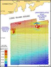 Figure 4. Image shows the original uninterpolated reconnaissance multibeam bathymetry from NOAA survey H11043 in north-central Long Island Sound off Branford, Ct.