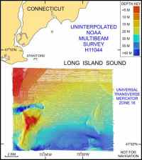 Figure 5. mage shows the original uninterpolated reconnaissance multibeam bathymetry from NOAA survey H11044 in north-central Long Island Sound off Milford, Connecticut.