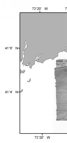 Converted to 8 bit grayscale, composite sidescan-sonar mosaic produced by NOAA of survey h11045 off Bridgeport, Connecticut (UTM zone 18, WGS84 spheroid)