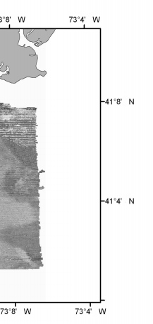 Converted to 8 bit grayscale, composite sidescan-sonar mosaic produced by NOAA of survey h11045 off Bridgeport, Connecticut (UTM zone 18, WGS84 spheroid)