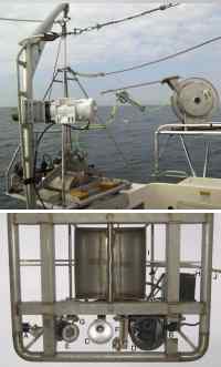 Fig. 3.6. Photograph of Mini SEABOSS and winch on the deck of the RV Rafael and Components of Mini SEABOSS viewed from below,