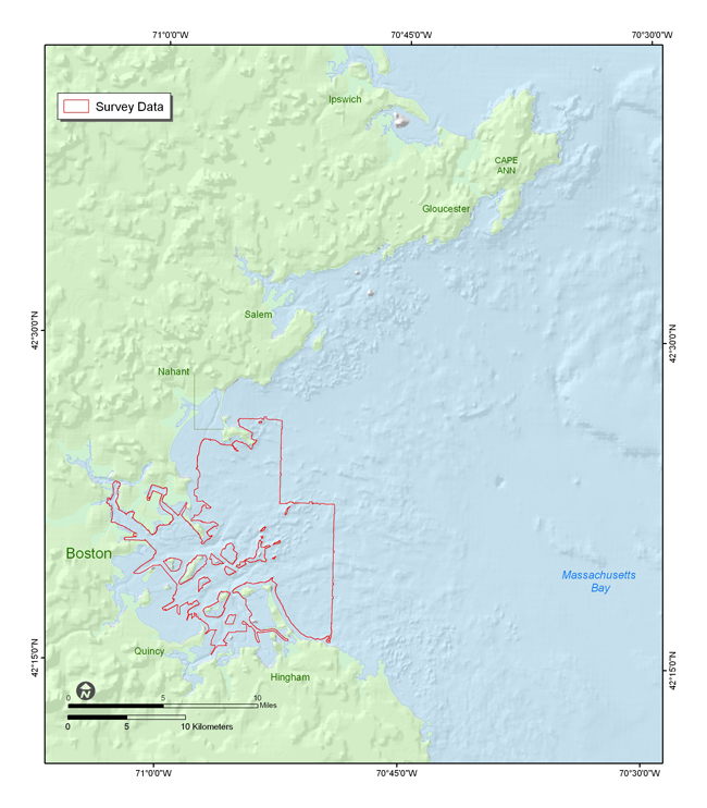 Figure 1.1 Map showing the location of the Boston Harbor and Approaches study area (outline in red) offshore of Massachusetts. 