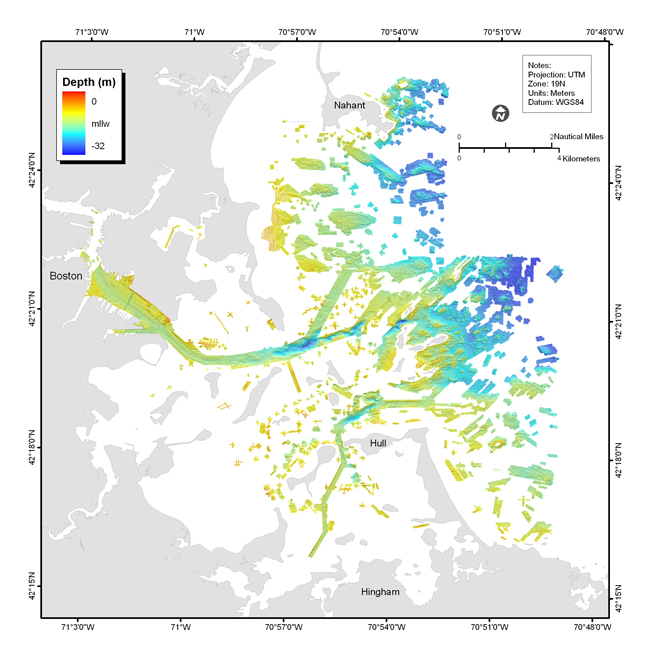 Figure 3.5. Shaded-relief bathymetric map, colored by water depth, of Boston Harbor and Approaches, Massachusetts based on the multibeam sonar data (2 meters/pixel).