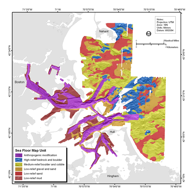 Figure 4.21.   Physiographic units of the sea floor of Boston Harbor and Approaches, based on bottom roughness, backscatter intensity, and sediment texture.