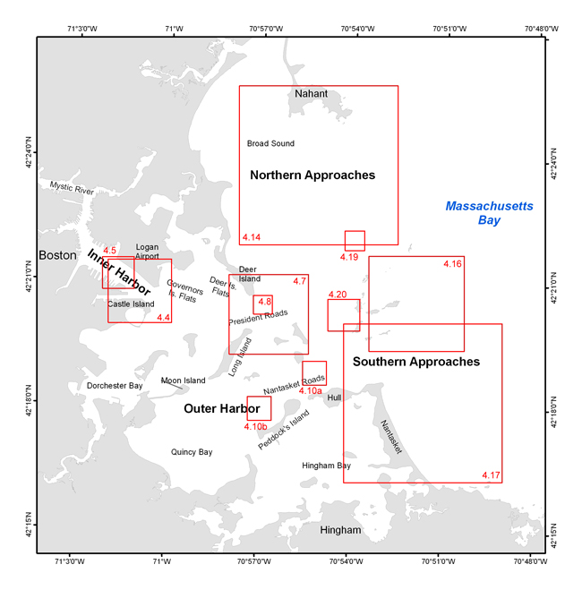 Figure 4.2. Map of Boston Harbor and Approaches showing locations of Figures 4.4 – 4.20 that illustrate selected features and characteristics of the sea floor.