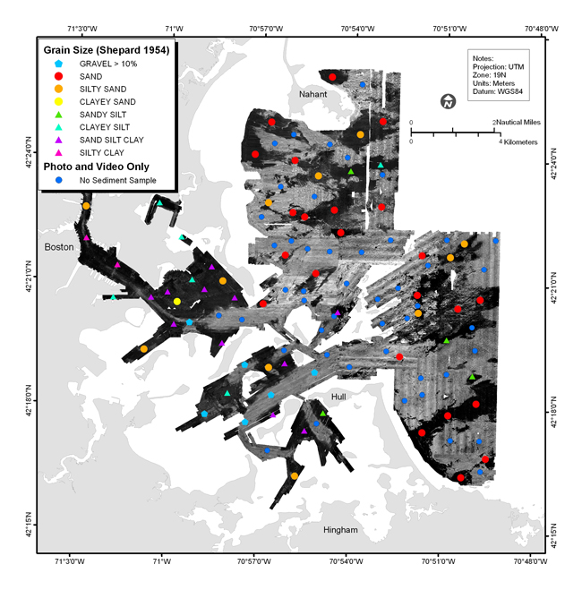 Figure 4.3. Texture of surficial sediments, based on Shepard classification, superimposed on gray-scale sidescan-sonar mosaic of Boston Harbor and Approaches.