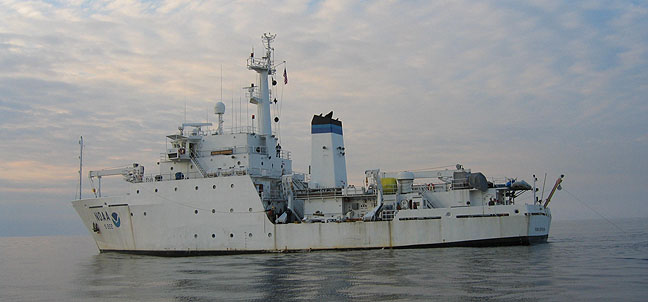 Figure 2. Port-side view of the NOAA Ship <em>Thomas Jefferson</em>  at sea. 
