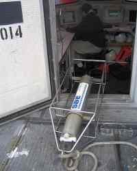Figure 3. CTD (conductivity-temperature-depth) profiler shown on the deck of the NOAA ship THOMAS JEFFERSON. 