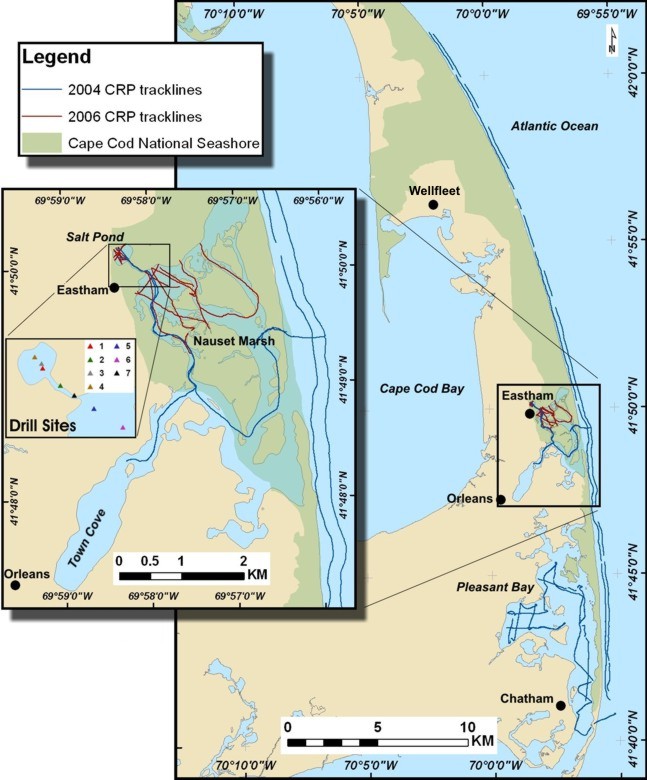 Figure 1, location map of the study area showing drill sites and trackline locations.