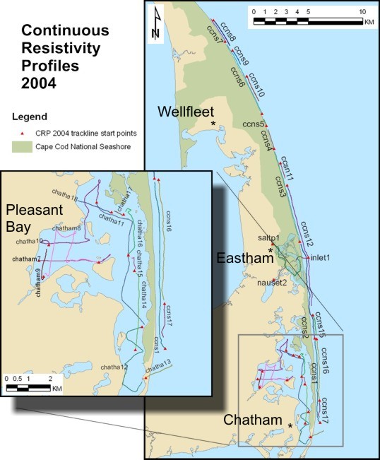 Trackline map of processed CRP lines collected in 2004 along the Cape Cod National Seashore