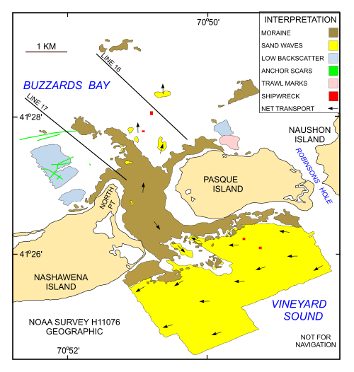 Figure 21. Interpretation of the DTM and sidescan sonar mosaic from NOAA survey H11076 of Quicks Hole. Shown are the areas characterized by moraine, sand waves, and low backscatter.  