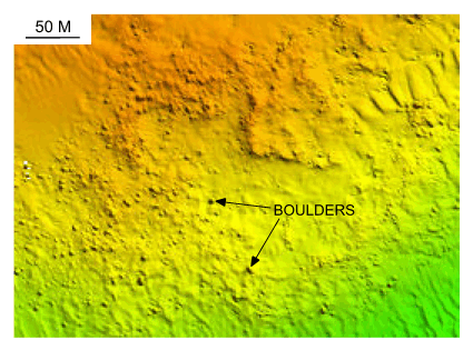 Figure 23. Detailed planar view of the bouldery sea floor south of Fox Point on Nashawena Island from the DTM produced during NOAA survey H11076. 