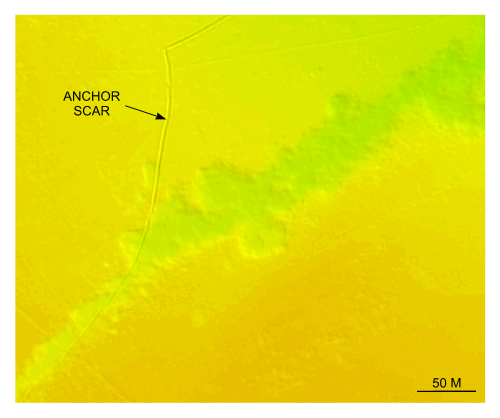 Figure 40. Detailed planar view of an anchor scar and trench north of Nashawena Island from the DTM produced during NOAA survey H11076.  