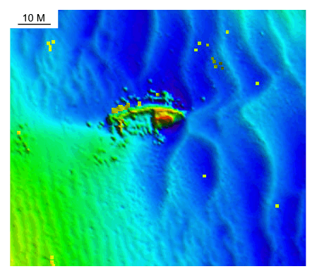 Figure 43. Detailed planar view of a scour depression associated with a shipwreck south of Pasque Island from the DTM produced during NOAA survey H11076. 