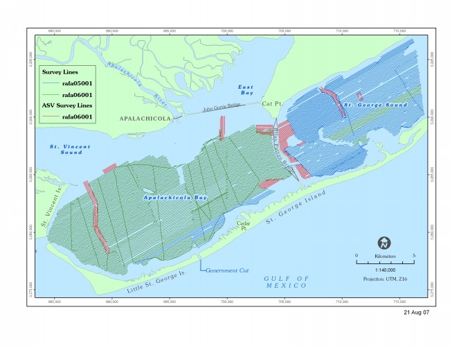 Figure 3. Map showing geophysical track lines occupied by R/V Rafael and ASV IRIS during survey cruises in 2005 and 2006. 