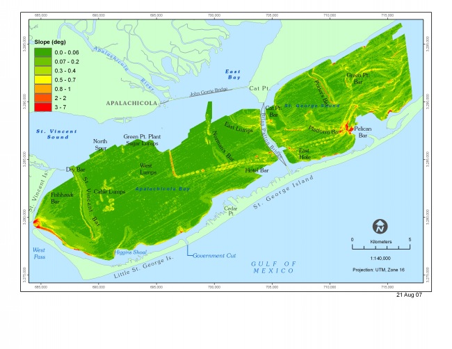 Figure 9. Map showing the slope of the bay floor.  The steepest slopes are found along the flanks of the Intracoastal Waterway, along the margins of the bay, and on the western sides of linear bars (eg. St. Vincent's Bar and Porter's Bar).