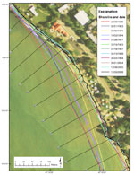 Figure 16. Map showing the historical shorelines and transect locations in Reach B-1. 