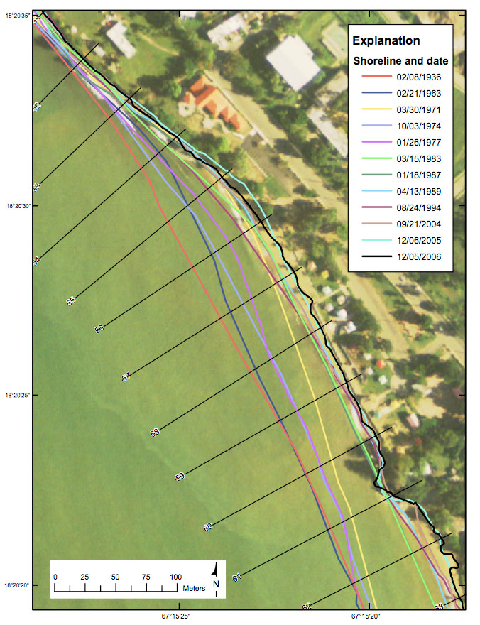 Figure 16. Map showing the historical shorelines and transect locations in Reach B-1.