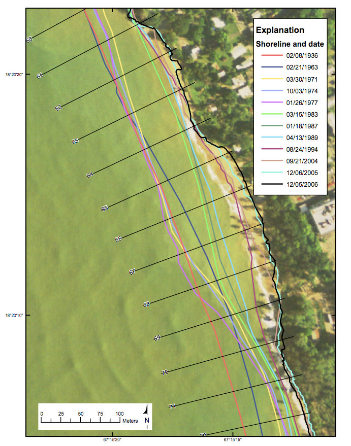 Figure 17. Map showing the historical shorelines and transect locations in Reach B-2.