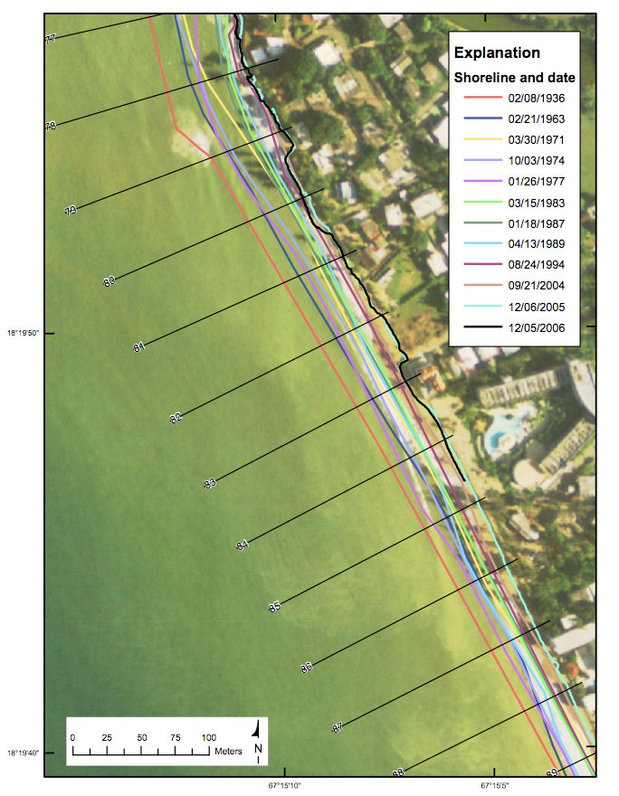 Figure 20. Map showing the historical shorelines and transect locations in Reach B-4.
