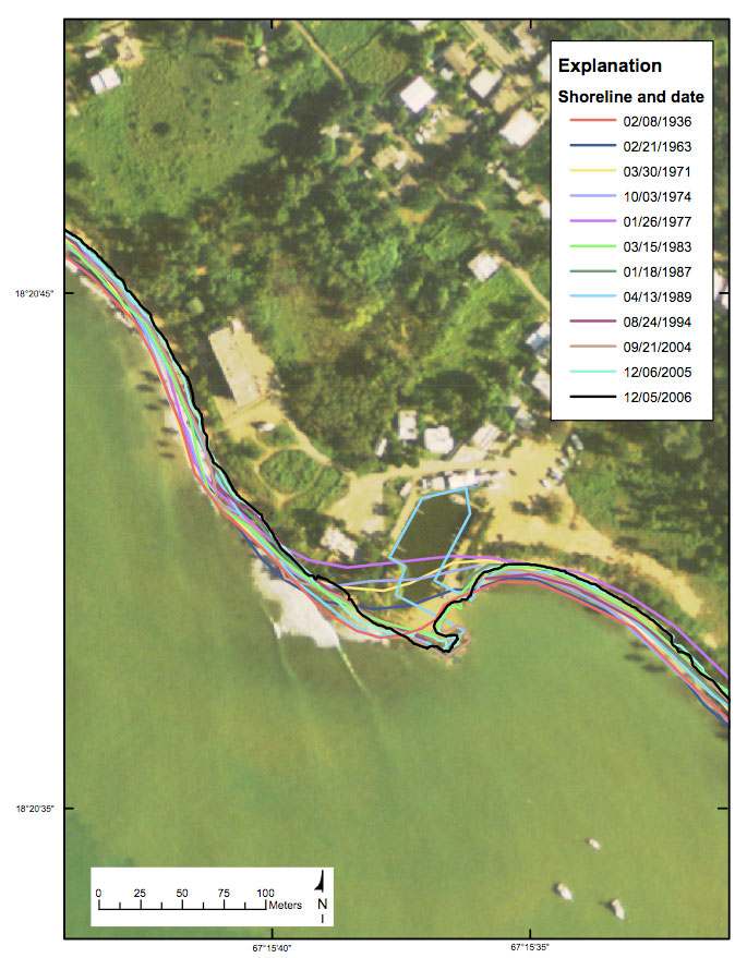 Figure 21. Map showing the historical shoreline positions at Punta Ensenada.